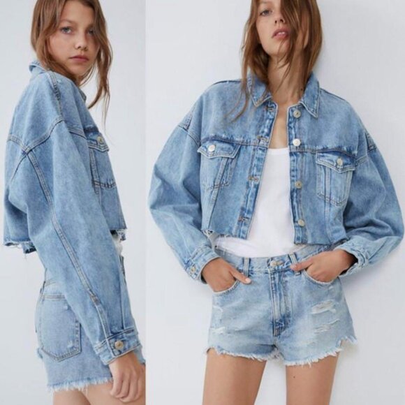 Zara Jackets & Blazers - Zara Raw Cut Off Hem Distressed Cropped Denim Jacket